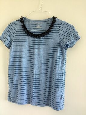 Talbots Light and Dark Blue Striped Tee with Navy Pom Trim
